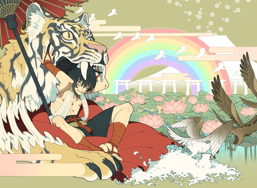 1boy animal_ears bird black_hair cat_ears cloud egasumi facial_mark feathers feline flower full_body highres honya_lala jewelry looking_at_viewer lotus male_focus necklace oriental_umbrella original rainbow single_earring sitting sky smile solo tiger torii traditional_clothes umbrella yellow_eyes