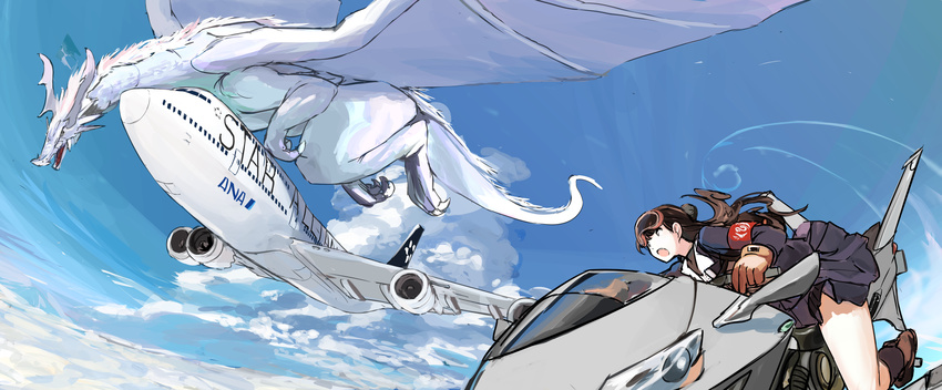 absurdres aircraft airplane all_nippon_airways armband blue_sky boeing_747 brown_hair cloud cloudy_sky commentary_request day dragon female gloves goggles highres long_hair morakkyo_(mephilas_g3) original riding sky vehicle_focus