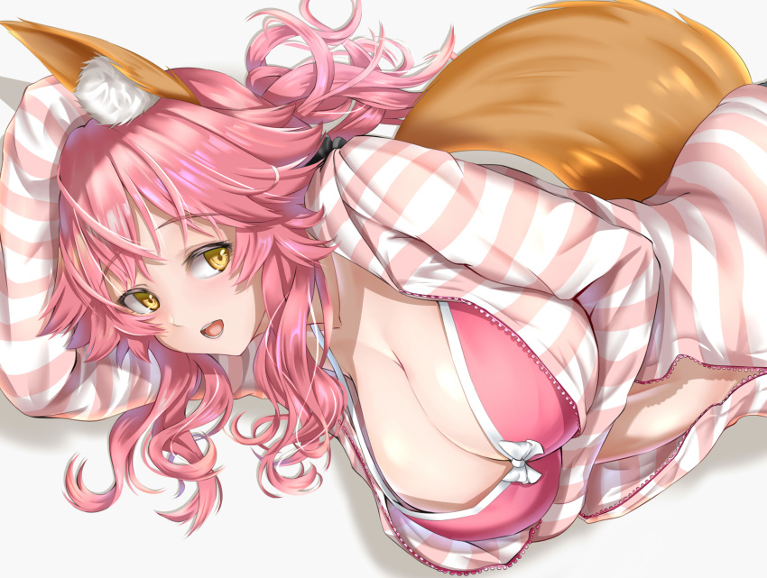 animal_ear_fluff animal_ears arm_under_breasts black_scrunchie blush bra breasts cardigan cleavage fate/extra fate_(series) female fox_ears fox_girl fox_tail hair_ornament hair_scrunchie highres kamehito large_breasts long_hair long_sleeves looking_at_viewer lying official_alternate_costume on_side open_cardigan open_clothes open_mouth pink_bra pink_hair pink_sweater ponytail scrunchie sidelocks smile solo striped_clothes striped_sweater sweater tail tamamo_(fate) tamamo_no_mae_(fate/extra) tamamo_no_mae_(spring_casual)_(fate) underwear yellow_eyes zipper