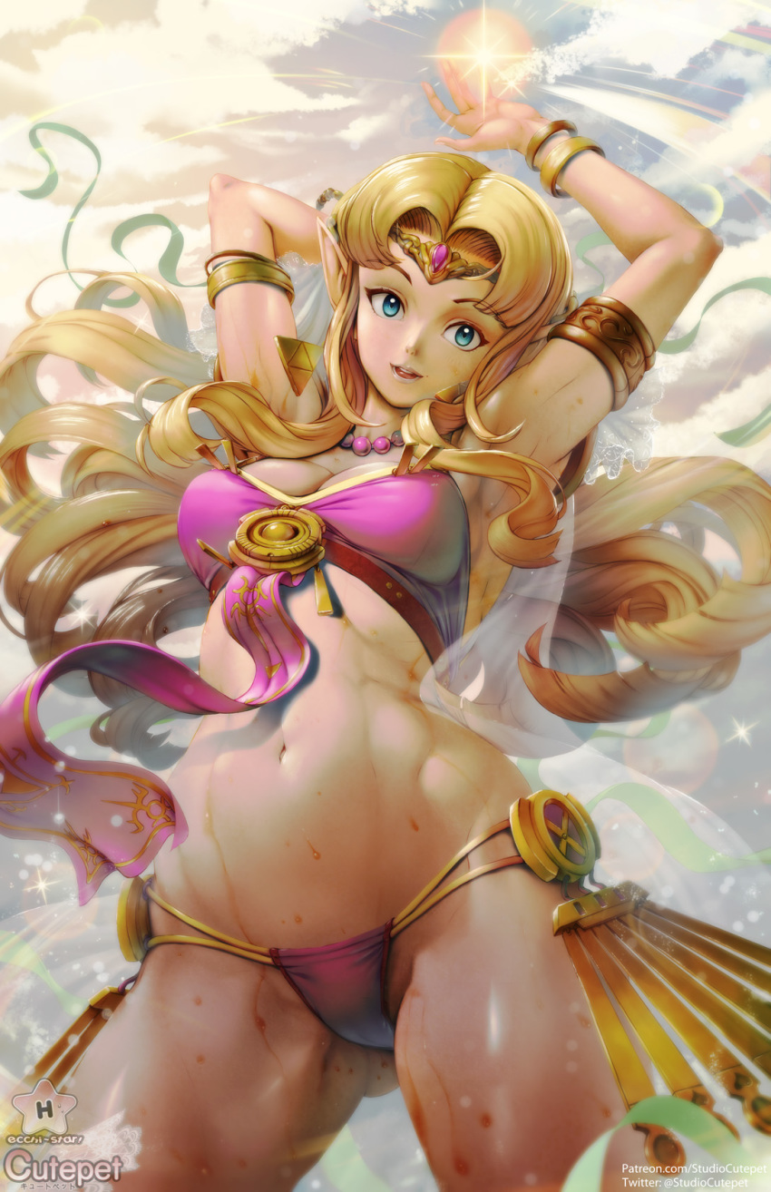 banned_artist bikini blonde_hair blue_eyes blush breasts circlet cutepet female forehead_jewel highres looking_at_viewer magic navel ocean pointy_ears princess_zelda smile solo super_smash_bros. swimsuit the_legend_of_zelda the_legend_of_zelda:_a_link_between_worlds triforce water