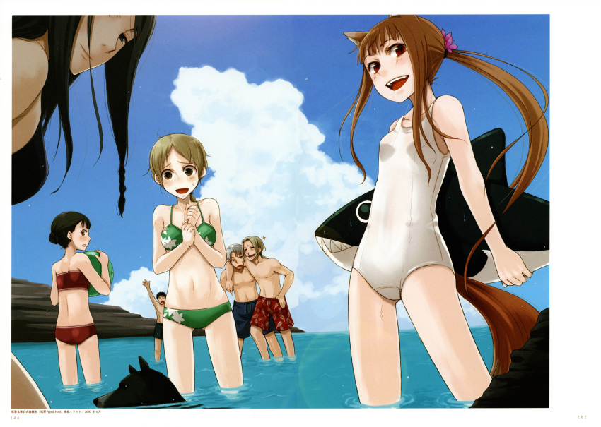 3boys 4girls :d absurdres animal_ears arm_around_neck arm_up ayakura_juu ball beachball bikini bikini_top_only black_bikini black_hair blood blue_sky blush breasts brown_hair canine cloud collarbone craft_lawrence cumulonimbus_cloud day dian_rubens elsa_schtingheim enekk evan_gyoam floating_hair flower green_bikini hair_flower hair_ornament highres holding holding_ball holo lens_flare long_hair looking_at_viewer looking_back male_swimwear multiple_boys multiple_girls navel nora_arento nosebleed ocean official_art one-piece_swimsuit open_mouth outdoors photoshop_(medium) print_bikini purple_flower red_bikini red_eyes school_swimsuit short_hair shoulder_blades sky small_breasts smile spice_and_wolf strapless strapless_bikini sweatdrop swimsuit tail very_long_hair wading weiz white_one-piece_swimsuit wolf_ears wolf_girl wolf_tail