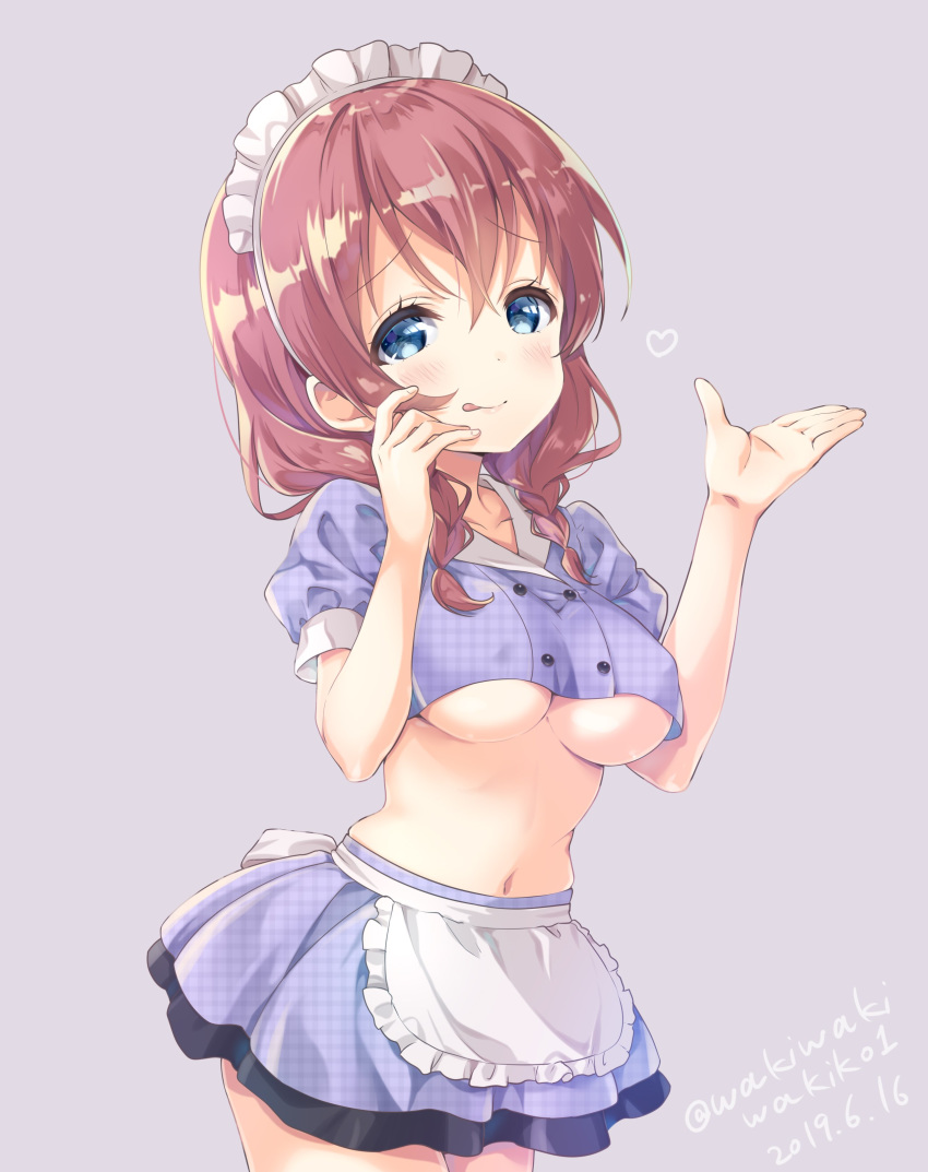 :p absurdres adapted_costume amano_miu apron blend_s blue_eyes blush braid breasts brown_hair closed_mouth collarbone commentary_request crop_top dated female fingernails frilled_apron frills grey_background hair_between_eyes hands_up heart highres large_breasts long_hair maid_headdress navel neki_(wakiko) plaid plaid_shirt plaid_skirt purple_shirt purple_skirt shirt simple_background skirt smile solo stile_uniform tongue tongue_out twin_braids twitter_username underboob uniform unmoving_pattern waist_apron white_apron