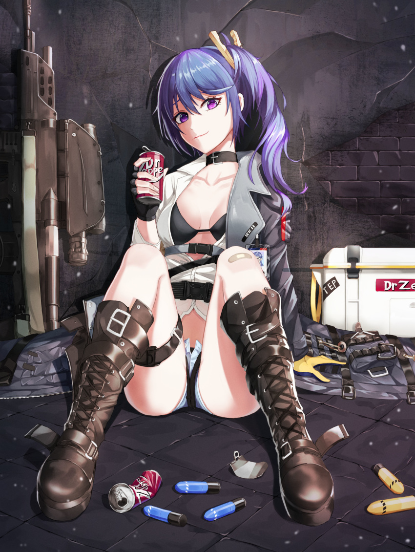 absurdres assault_rifle bad_id bad_pixiv_id bikini black_bikini blue_hair blush bolt_action boots breasts brown_footwear bullpup can closed_mouth collarbone commentary cooler cross-laced_footwear daewoo_k11 dr_pepper drink_can explosive fall_(aki) female full_body girls'_frontline grenade grenade_launcher gun hair_between_eyes highres holding holding_can k11_(girls'_frontline) lace-up_boots leather_choker long_hair looking_at_viewer messy_hair open_clothes photoshop_(medium) purple_eyes rifle shirt shorts side_ponytail sidelocks sitting smile soda_can solo spread_legs swimsuit weapon white_shirt