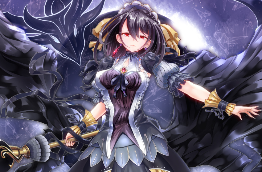 black_hair bow breasts cowboy_shot crystal_earrings dragon dress dress_bow duel_monster earrings female fingernails holding holding_staff jewelry long_fingernails medium_hair neck_ribbon puffy_short_sleeves puffy_sleeves red_eyes ribbon sato_(yuki0634) short_sleeves solo staff underworld_goddess_of_the_closed_world wrist_cuffs yu-gi-oh!