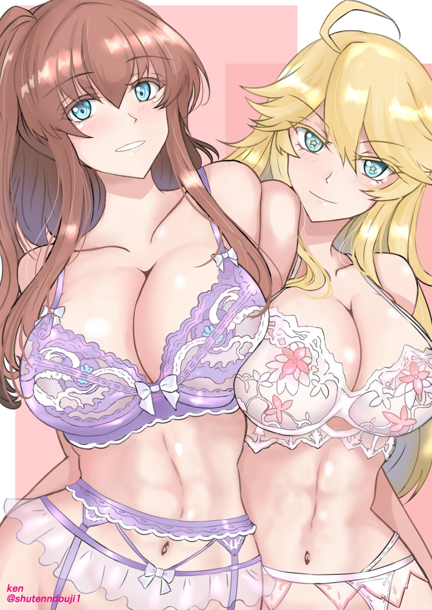 2girls ahoge blonde_hair blue_eyes bra breast_press breasts brown_hair cleavage garter_belt hair_between_eyes high_side_ponytail highres iowa_(kancolle) kantai_collection ken_(shutenndouji1) lace-trimmed_bra lace_trim large_breasts microskirt multiple_girls navel pink_background pink_bra ponytail purple_bra saratoga_(kancolle) see-through see-through_skirt side_ponytail sidelocks skirt star-shaped_pupils star_(symbol) symbol-shaped_pupils symmetrical_docking underwear