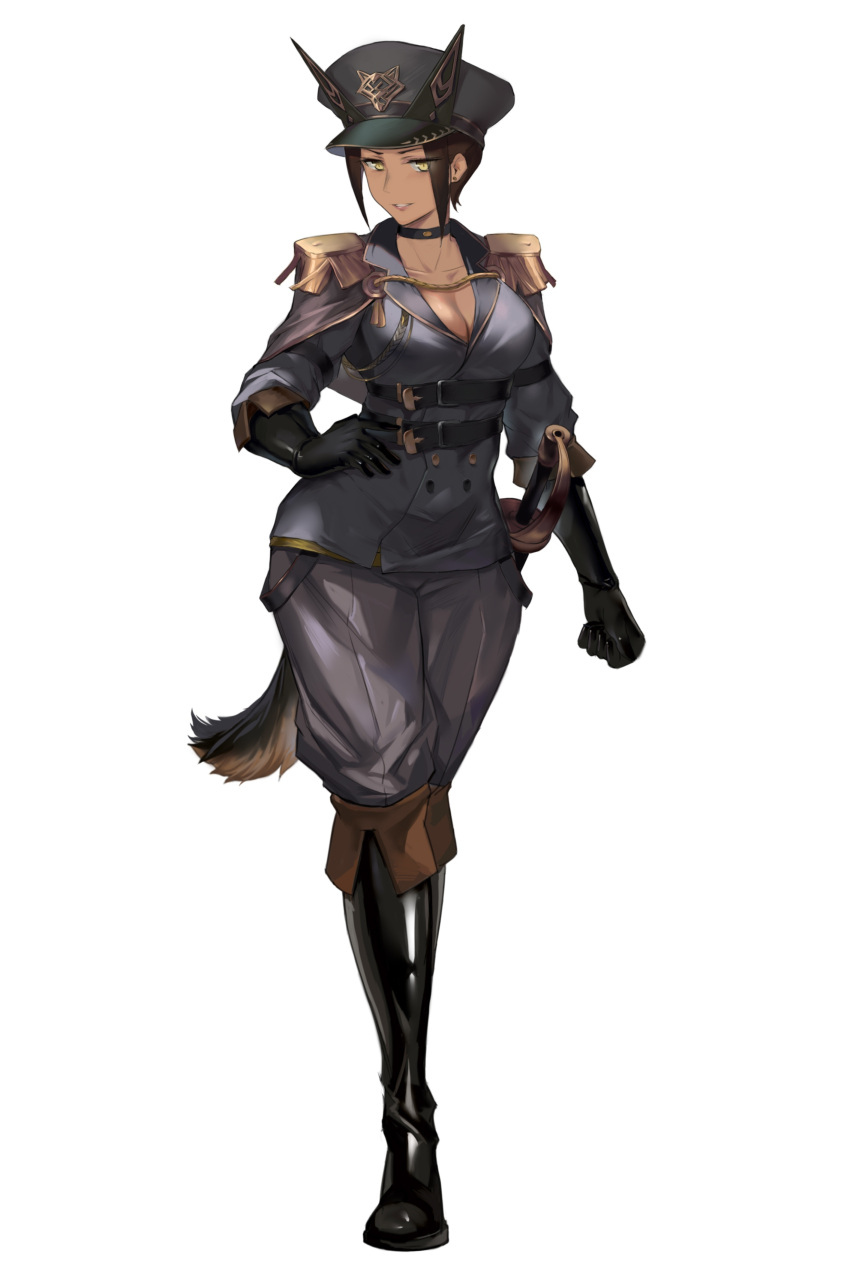 absurdres aiguillette alternate_skin_color arknights belt black_belt black_choker black_footwear black_gloves boots breasts brown_hair buttons chinese_commentary choker chong_(547342983) cleavage clenched_hand collarbone commentary_request dark-skinned_female dark_skin dobermann_(arknights) dobermann_(lieutenant)_(arknights) double-breasted earrings epaulettes female full_body gloves grey_hat grey_jacket grey_pants grin hand_on_own_hip hat highres jacket jewelry knee_boots large_breasts latex latex_boots long_sleeves looking_at_viewer military military_uniform official_alternate_costume pants pants_tucked_in peaked_cap short_hair sidelocks simple_background smile solo standing stud_earrings sword tail uniform weapon white_background yellow_eyes