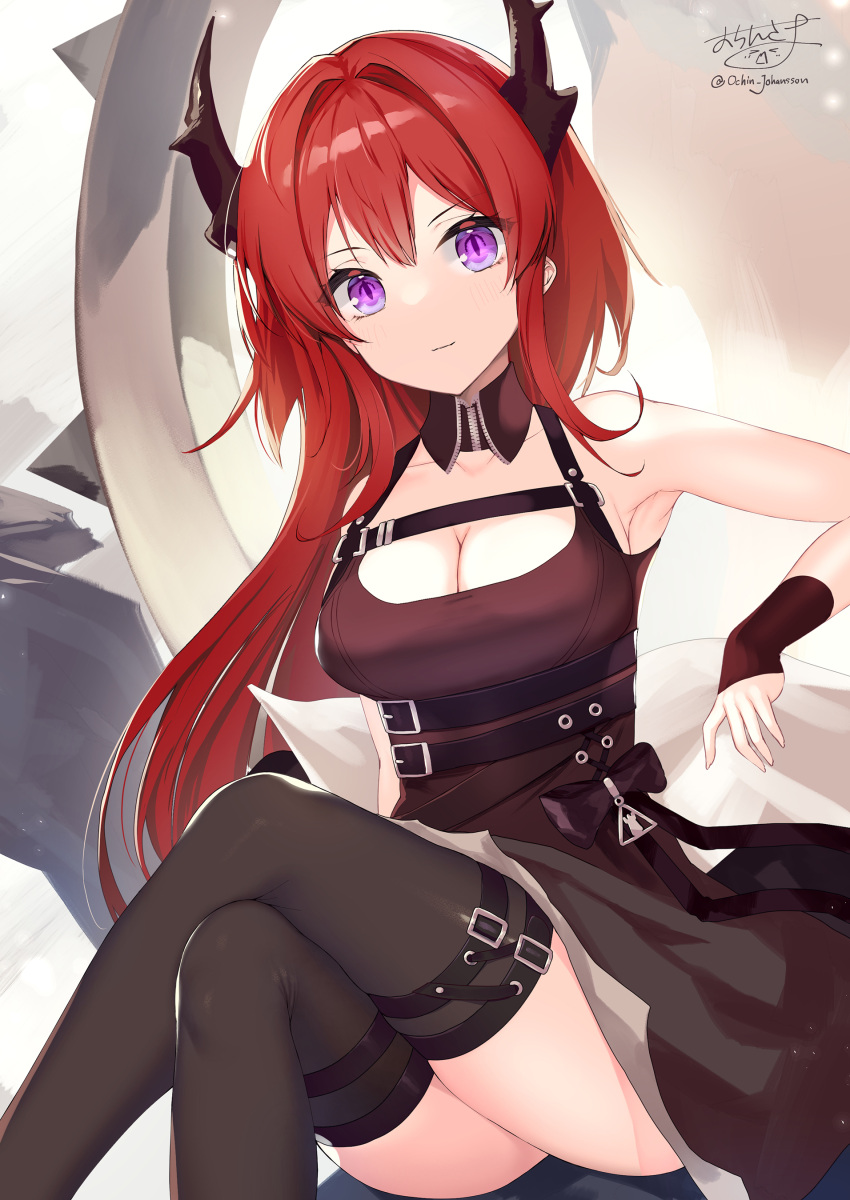 absurdres arknights armpits bare_shoulders black_thighhighs breasts brown_dress cleavage closed_mouth collarbone commentary_request crossed_legs dress feet_out_of_frame female hair_between_eyes hair_intakes highres horns light_smile long_hair looking_at_viewer medium_breasts ochinsama purple_eyes red_hair signature sleeveless sleeveless_dress solo surtr_(arknights) thighhighs twitter_username very_long_hair