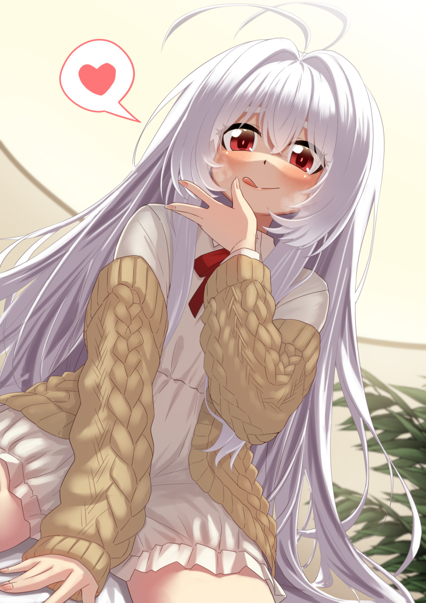 antenna_hair azur_lane between_legs blush bow brown_jacket closed_mouth collared_dress commentary_request dress female frilled_dress frills hair_between_eyes hair_intakes hand_between_legs hand_up heart highres indoors jacket licking_lips long_sleeves looking_at_viewer mizunashi_(second_run) off_shoulder open_clothes open_jacket red_bow red_eyes sitting sleeves_past_wrists smile solo spoken_heart stremitelny_(azur_lane) stremitelny_(no_snow_no_life)_(azur_lane) thick_eyebrows tongue tongue_out white_dress white_hair