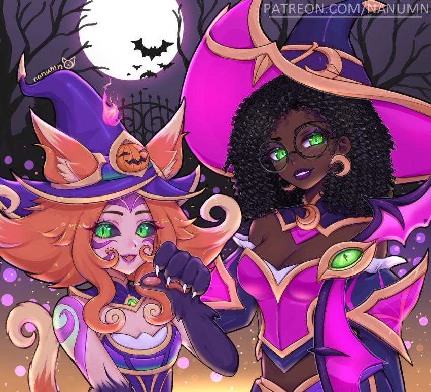 2girls animal_ears bare_shoulders bat_(animal) bewitching_neeko bewitching_senna black_hair black_headwear blonde_hair breasts cat_ears cat_tail claws cleavage crescent crescent_earrings dark-skinned_female dark_skin dreadlocks earrings glasses green_eyes grin hand_up hat highres jewelry large_breasts league_of_legends long_hair moon multiple_girls nanumn neeko_(league_of_legends) night oerba_yun_fang open_mouth outdoors pink_headwear round_eyewear senna_(league_of_legends) smile tail teeth tree upper_body web_address witch witch_hat