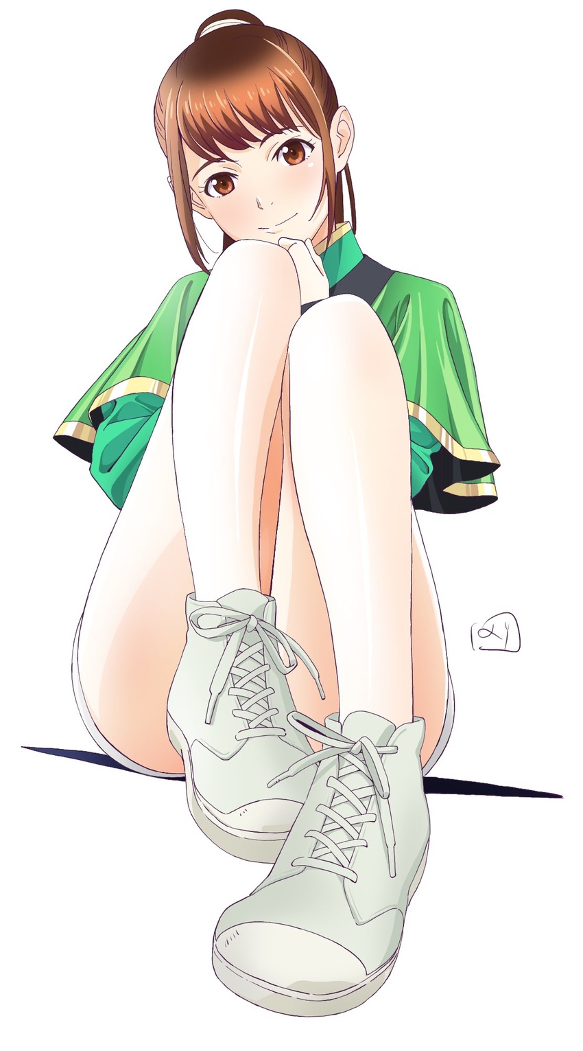 animification blush brown_eyes brown_hair capelet female green_capelet grey_footwear hair_behind_ear hayami_sena head_tilt highres mashin_sentai_kiramager nori_(norimakigumo) shoes sitting smile sneakers solo super_sentai tokusatsu white_background