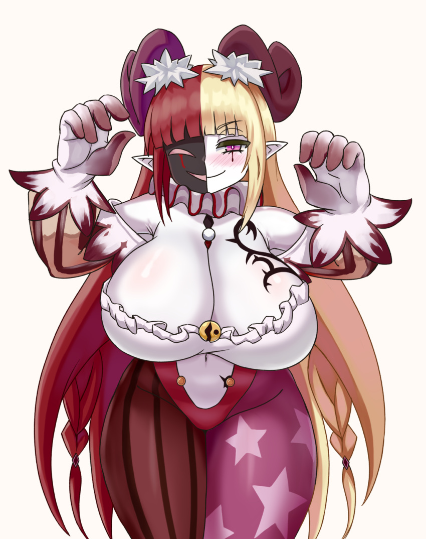 asymmetrical_legwear blonde_hair blunt_bangs blush bogie_(monster_girl_encyclopedia) braid breasts brown_hair colored_skin commentary curvy female half_mask highres horns huge_breasts jester long_hair looking_at_viewer mask monster_girl_encyclopedia multicolored_hair nav_(itsnav) navel neck_ruff oversized_forearms oversized_limbs pantyhose pink_eyes pointy_ears print_pantyhose shortstack simple_background solo star_(symbol) star_print striped_clothes striped_pantyhose tattoo two-tone_hair vertical-striped_clothes vertical-striped_pantyhose very_long_hair white_background white_skin