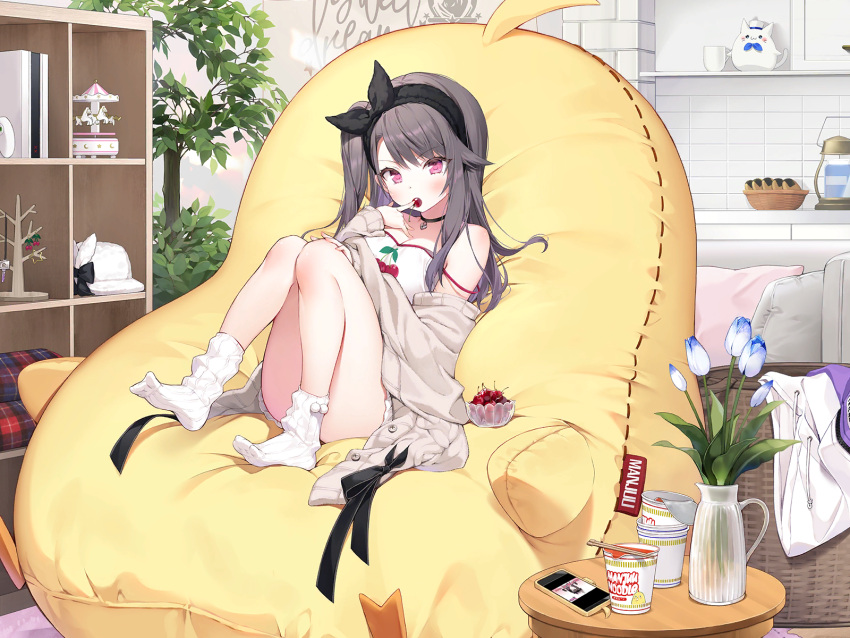 anthro azur_lane brown_hair byulzzimon cropped flowers food game_console long_hair pamiat_merkuria_(azur_lane) phone purple_eyes stockings