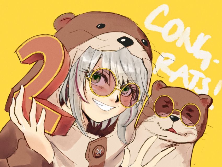 animal_costume bow buttons congratulations female green_eyes grey_hair grin highres holding miyu_ottavia miyu_ottavia_(1st_costume) multicolored_hair nijisanji nijisanji_id otter otter_costume otter_girl potatomato red_hair round_eyewear simple_background smile solo streaked_hair two-tone_hair virtual_youtuber yellow_background