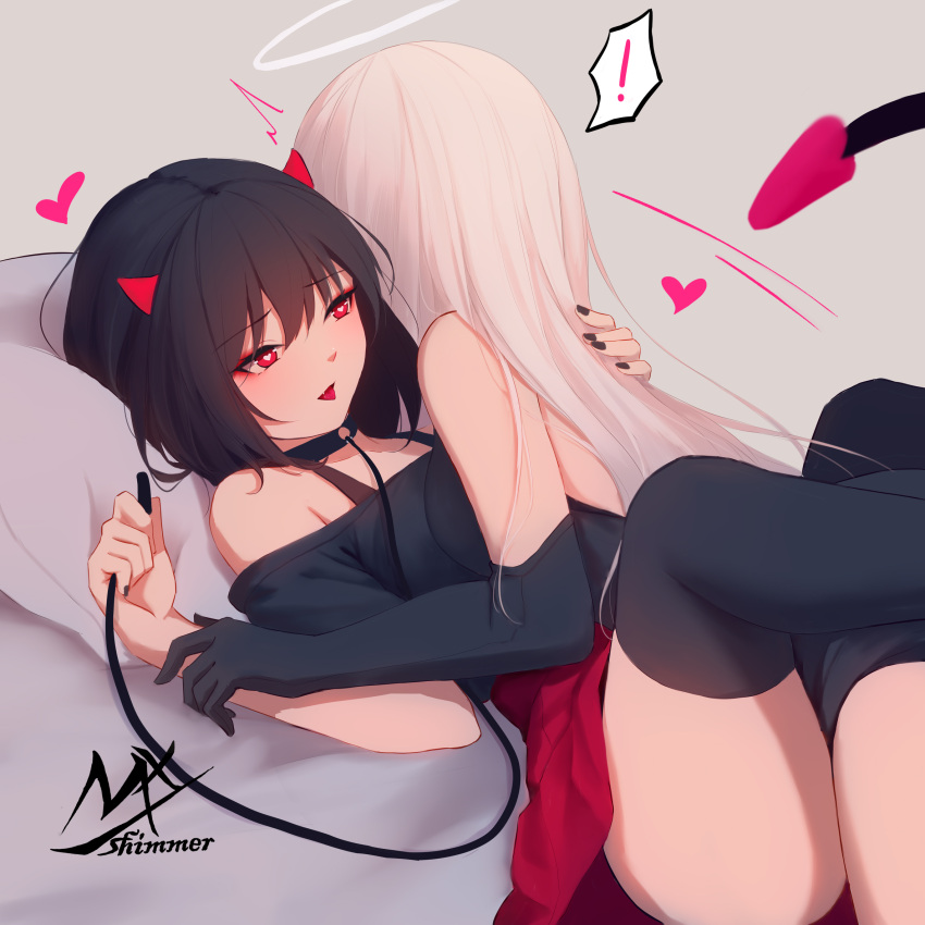 ! 2girls ^^^ angel angel_and_devil angel_girl_(shimmer) bare_shoulders bed_sheet between_thighs black-haired_demon_girl_(shimmer) black_dress black_gloves black_hair black_shirt black_thighhighs breasts commentary cowgirl_position demon_girl demon_horns demon_tail dress elbow_gloves gloves grey_background hair_between_eyes halo heart heart-shaped_pupils highres horns long_hair lying medium_breasts multiple_girls off-shoulder_shirt off_shoulder on_back original pillow red_eyes red_skirt shimmer shirt signature simple_background skirt spoken_exclamation_mark symbol-only_commentary symbol-shaped_pupils tail thighhighs very_long_hair white_hair yuri