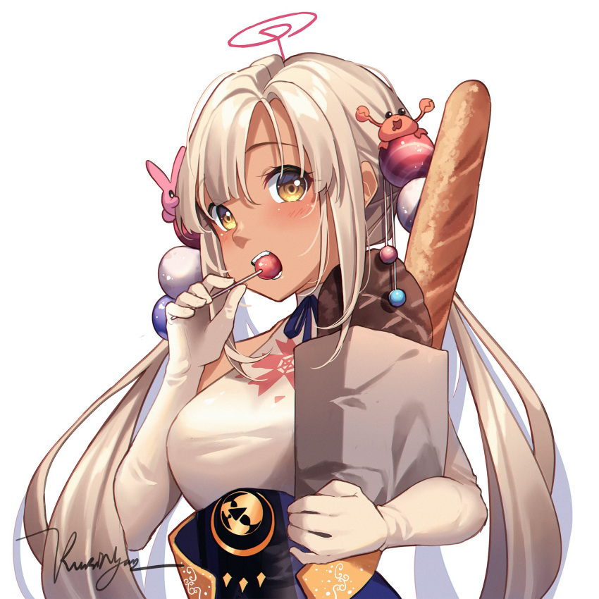 bag baguette blush bread breasts brown_eyes candy commentary dark-skinned_female dark_skin elbow_gloves female food food_in_mouth gloves hair_ornament highres holding holding_bag holding_food hololive hololive_english kaniko_(tsukumo_sana) kuri_(animejpholic) large_breasts light_brown_hair limiter_(tsukumo_sana) lollipop long_hair looking_at_viewer open_mouth paper_bag planet_hair_ornament shirt signature simple_background tsukumo_sana tsukumo_sana_(1st_costume) twintails upper_body usaslug_(tsukumo_sana) very_long_hair virtual_youtuber white_background white_gloves white_shirt