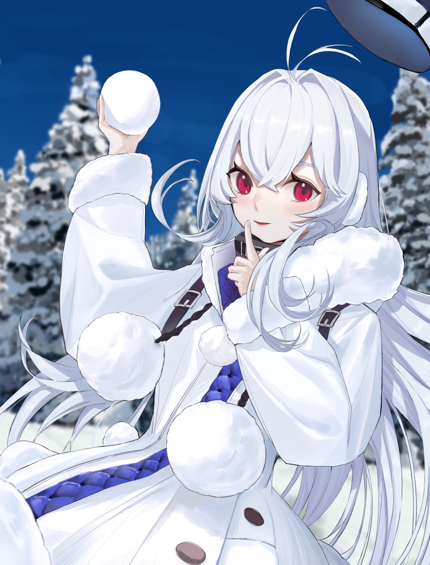 absurdres antenna_hair azur_lane coat crossed_bangs eyebrows_hidden_by_hair female finger_to_mouth fur_coat highres long_hair maoxian_qiu_wan_maoxian outdoors red_eyes snowball solo stremitelny_(azur_lane) tree upper_body very_long_hair white_coat white_hair winter winter_clothes