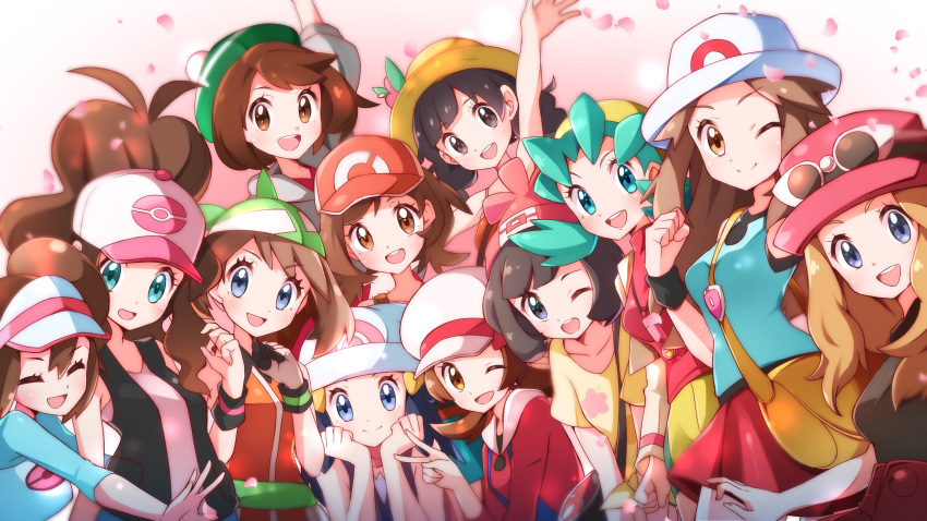 6+girls absurdres bad_id bad_pixiv_id bandana baseball_cap beanie black_hair blonde_hair brown_hair dawn_(pokemon) dual_persona elaine_(pokemon) everyone eyewear_on_headwear gloria_(pokemon) hat highres hilda_(pokemon) kris_(pokemon) leaf_(pokemon) looking_at_viewer lyra_(pokemon) may_(pokemon) miyama_(yakinikusushi_the_royal) multiple_girls pokemon pokemon_bw pokemon_bw2 pokemon_frlg pokemon_gsc pokemon_hgss pokemon_lgpe pokemon_rse pokemon_sm pokemon_swsh pokemon_usum pokemon_xy rosa_(pokemon) selene_(pokemon) serena_(pokemon) skirt smile tam_o'_shanter twintails v visor_cap