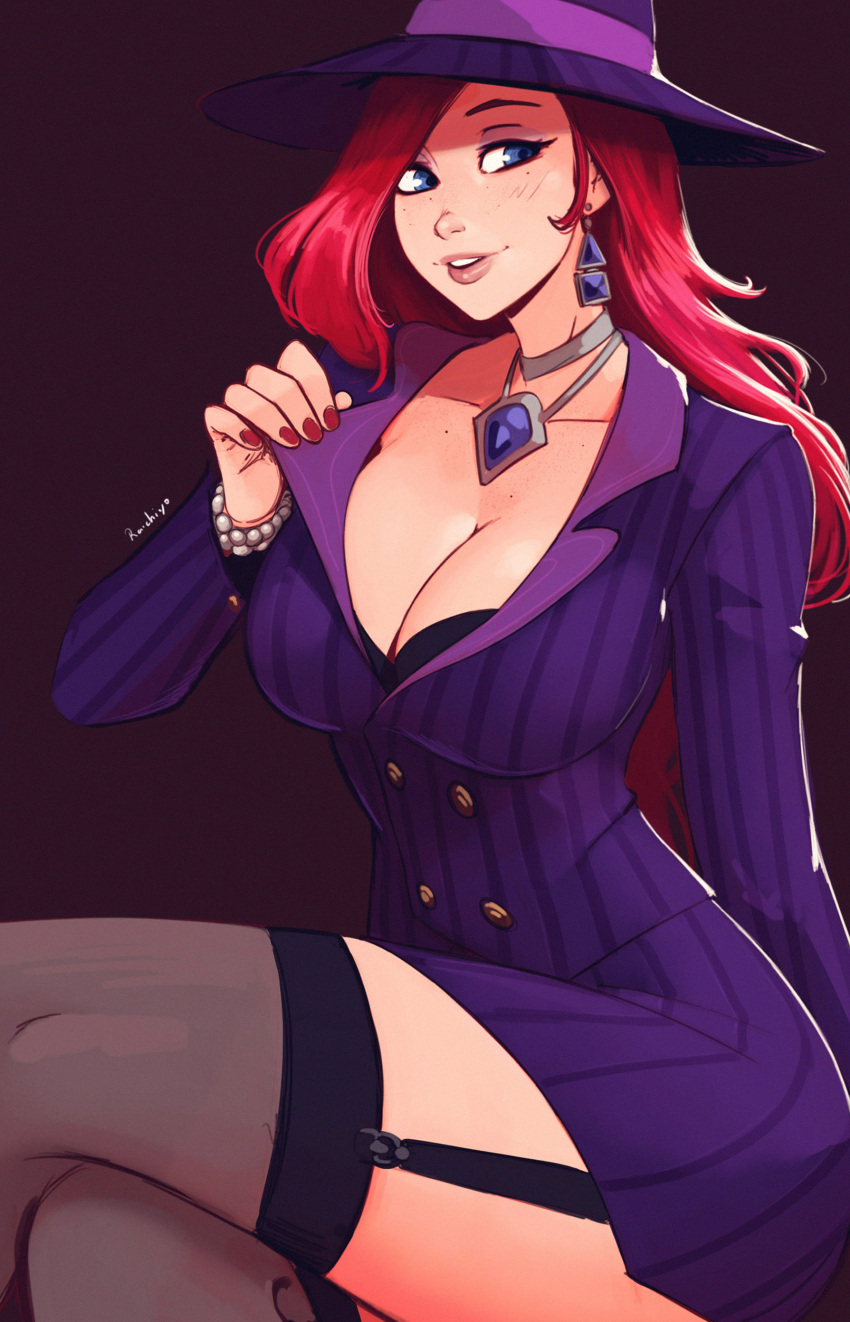 absurdres blue_eyes breasts cleavage collarbone crime_city_miss_fortune fedora female fingernails formal garter_straps hat highres jewelry league_of_legends mafia miss_fortune_(league_of_legends) necklace parted_lips pinstripe_pattern pinstripe_suit purple_suit raichiyo33 red_hair red_nails solo striped suit thighhighs thighs