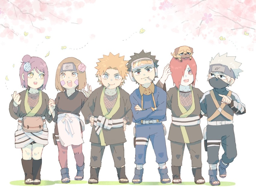 2girls 4boys :d aged_down black_hair bracelet brown_hair bug butterfly canine cherry_blossoms crossed_arms facial_mark flower forehead_protector goggles goggles_on_head grey_hair hair_flower hair_ornament hands_on_own_hips hatake_kakashi holding_hands jacket jewelry konan_(naruto) konohagakure_symbol looking_at_another looking_at_viewer mask meitarou mouth_hold mouth_mask multiple_boys multiple_girls nagato_(naruto) naruto naruto_(series) naruto_shippuuden ninja nohara_rin open_mouth orange_eyes orange_hair pakkun_(naruto) pants purple_hair red_hair rinnegan short_hair smile spiked_hair standing toeless_footwear toes uchiha_obito yahiko_(naruto)