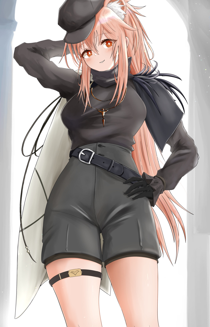 absurdres animal_ear_fluff animal_ears arknights bad_id bad_pixiv_id belt belt_buckle black_belt black_gloves black_hat black_shirt black_shorts breasts brown_hair buckle cabbie_hat commentary_request female gloves gravel_(arknights) gravel_(modeling_night)_(arknights) hat highres long_hair long_sleeves looking_at_viewer medium_breasts parted_lips puffy_long_sleeves puffy_sleeves shirt short_shorts shorts sleeves_past_wrists smile solo sora_mame_(princess_0sora) very_long_hair