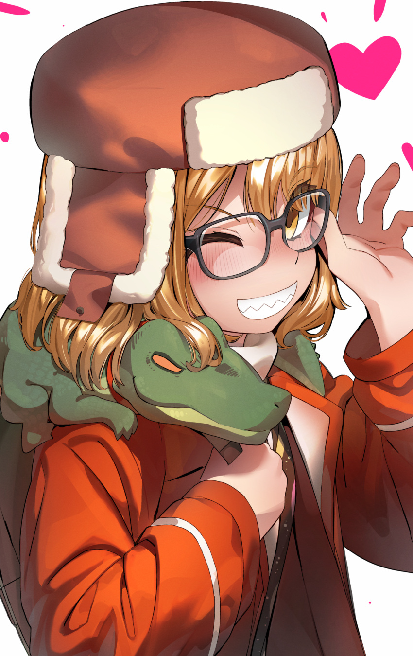 animal_on_shoulder blonde_hair crocodile crocodilian fate/grand_order fate_(series) female glasses grin hat heart highres monosenbei one_eye_closed paul_bunyan_(fate) sharp_teeth smile super_bunyan_(fate) super_bunyan_(first_ascension)_(fate) teeth yellow_eyes