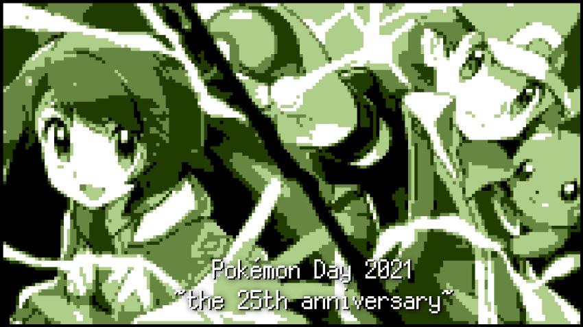 1boy absurdres anniversary bad_id bad_pixiv_id baseball_cap cardigan closed_mouth commentary copyright_name energy female gloria_(pokemon) green_theme hat highres holding holding_poke_ball jacket looking_at_viewer miyama_(yakinikusushi_the_royal) monochrome open_mouth pikachu pixel_art poke_ball poke_ball_(basic) pokemon pokemon_(creature) pokemon_frlg pokemon_swsh red_(pokemon) smile split_screen vs_seeker wristband