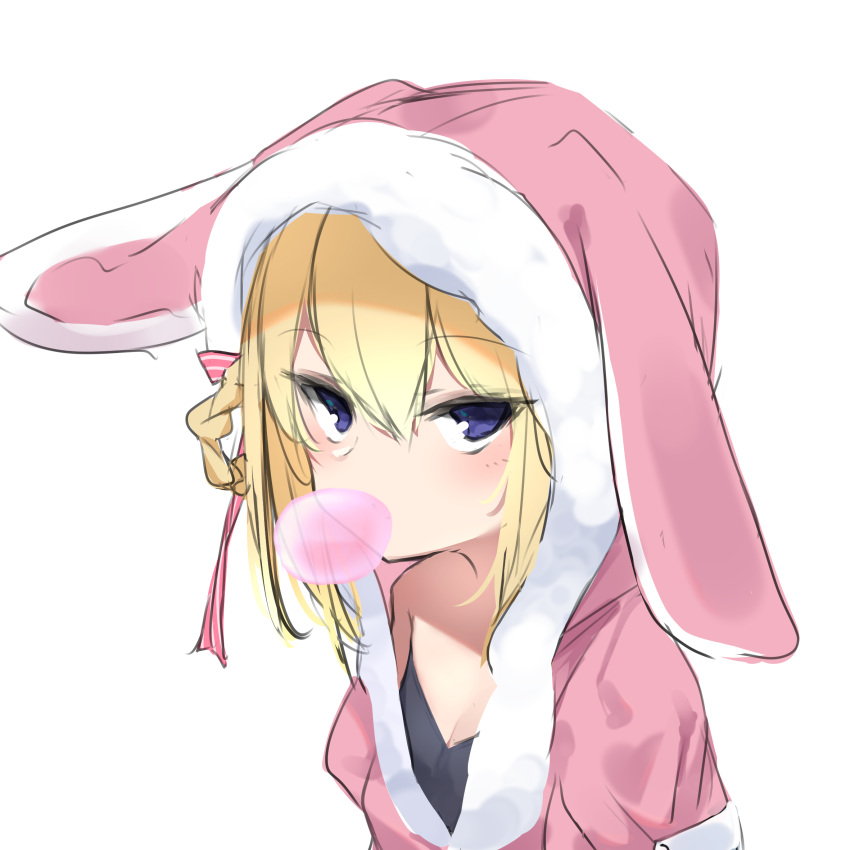 animal_ears animal_hood azur_lane blonde_hair blowing_bubbles blush braid breasts chewing_gum cleavage commentary_request fake_animal_ears female fur-trimmed_hood fur_trim hair_between_eyes highres hood hood_up hooded_jacket isobe_eiji jacket looking_at_viewer official_alternate_costume pink_jacket purple_eyes rabbit_ears rabbit_hood simple_background small_breasts solo stephen_potter_(azur_lane) stephen_potter_(chillaxation_station)_(azur_lane) upper_body white_background