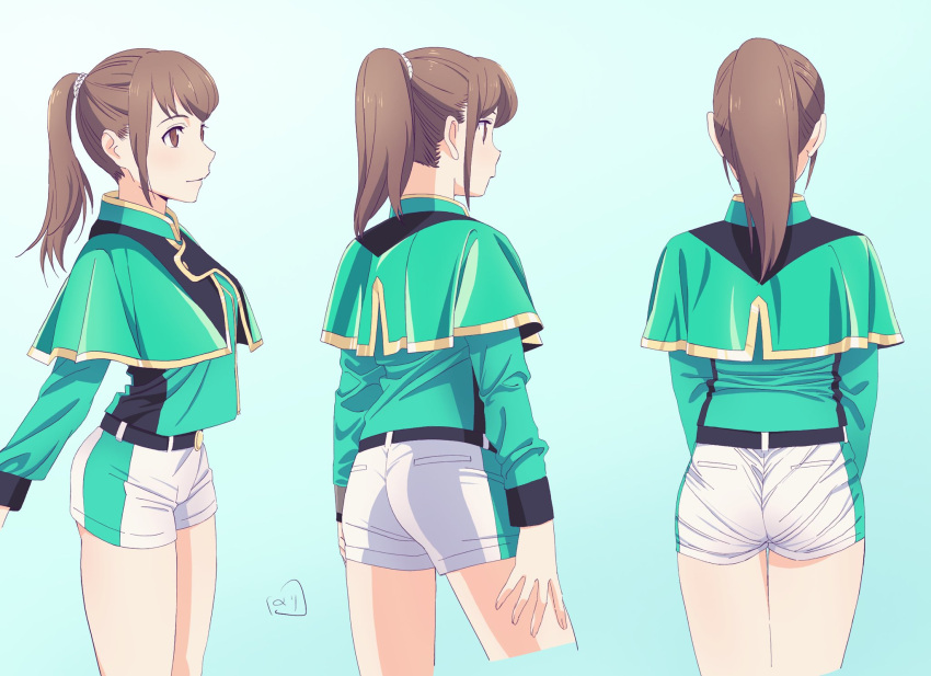 animification ass blue_background breasts brown_eyes brown_hair capelet female green_capelet green_jacket hair_behind_ear hand_on_own_leg hayami_sena highres jacket mashin_sentai_kiramager medium_breasts multiple_views nori_(norimakigumo) ponytail shorts super_sentai tokusatsu white_shorts