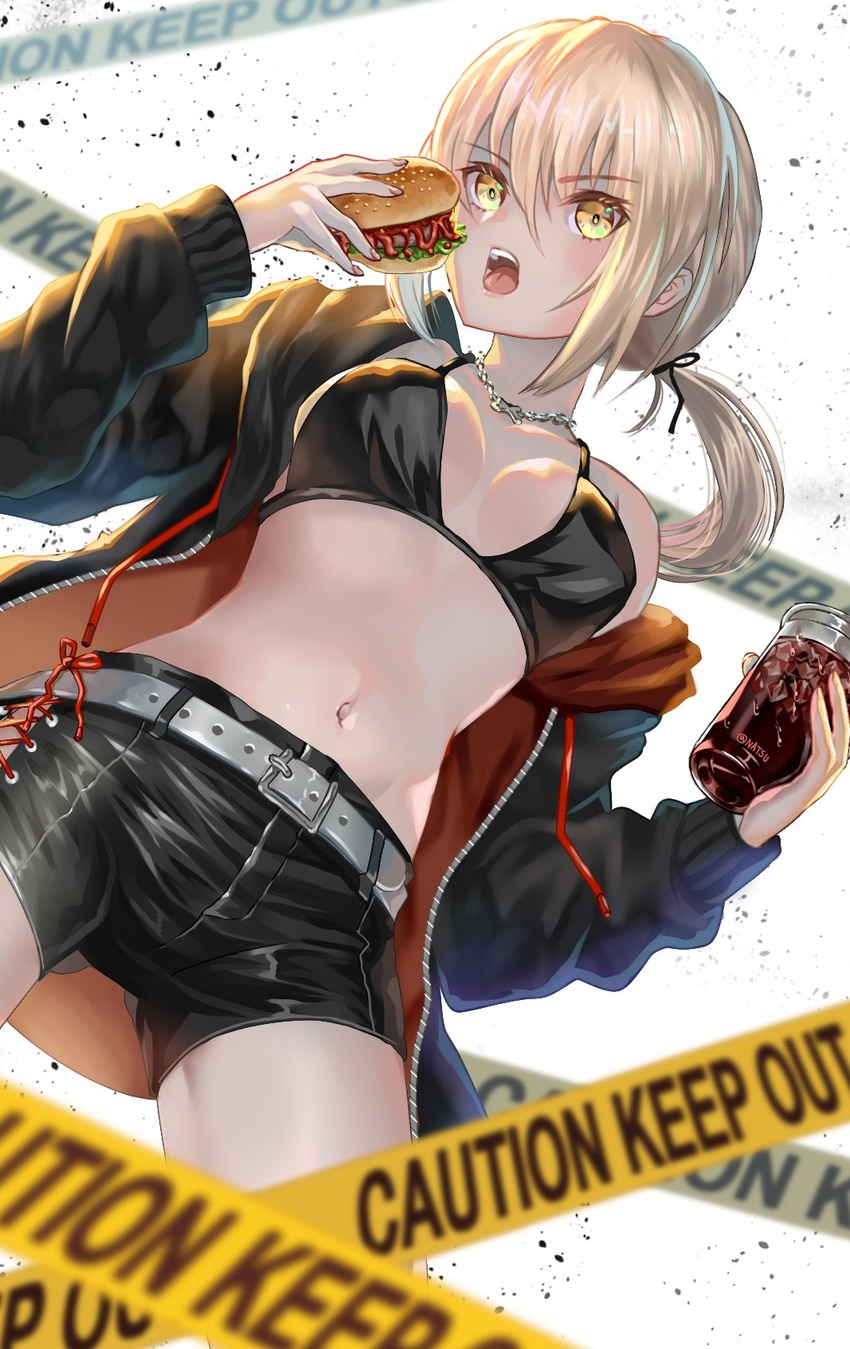 :o artoria_pendragon_(fate) bad_id bad_twitter_id bikini black_bikini black_jacket black_ribbon black_shorts blonde_hair breasts breasts_apart burger caution caution_tape cowboy_shot eating fate/grand_order fate_(series) female food hair_ribbon hands_up highres jacket long_sleeves medium_breasts natsujiru navel off_shoulder open_clothes open_jacket open_mouth ponytail red_jacket ribbon saber_alter saber_alter_(ver._shinjuku_1999)_(fate) shorts single_bare_shoulder solo stomach swimsuit teeth tongue two-sided_fabric two-sided_jacket upper_teeth_only white_background yellow_eyes