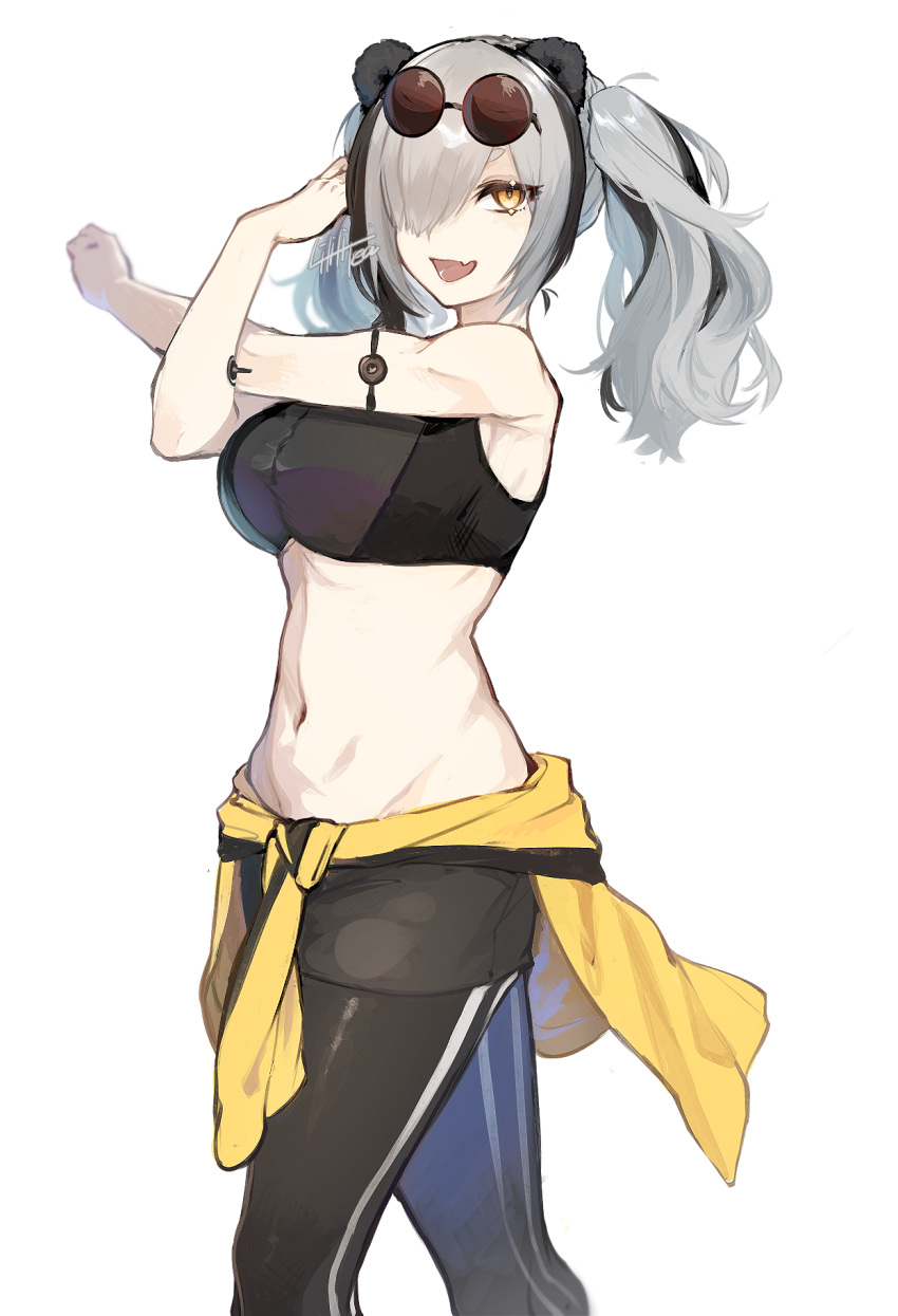 :d animal_ears arknights bad_id bad_pixiv_id bare_arms bare_shoulders black_hair black_pants black_sports_bra breasts clothes_around_waist commentary_request crop_top eyewear_on_head feater_(arknights) feater_(dojo_star)_(arknights) feet_out_of_frame female grey_hair highres jacket jacket_around_waist large_breasts leggings long_hair midriff navel oerba_yun_fang official_alternate_costume open_mouth panda_ears pants ririri_(lilili_tea) simple_background skin_fang smile solo sports_bra standing stomach sunglasses twintails white_background yellow_eyes yellow_jacket