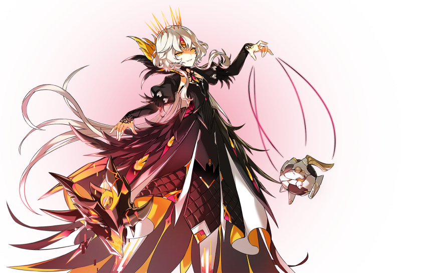 android artist_request black_dress code:_antithese_(elsword) crown dress electricity elsword eve_(elsword) facial_mark feathers feet_out_of_frame female forehead_jewel half-closed_eyes highres juliet_sleeves long_sleeves moby_(elsword) official_art parted_lips puffy_sleeves puppet_strings rectangle remy_(elsword) short_hair_with_long_locks smile solo teeth transparent_background wavy_hair white_hair yellow_eyes