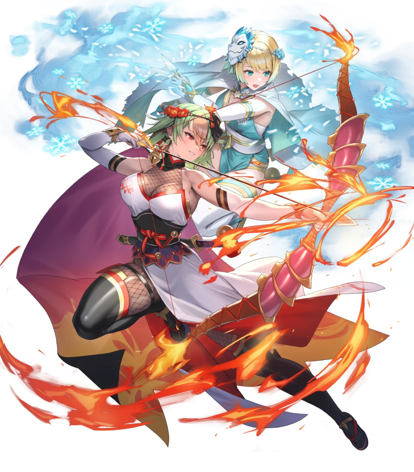 2girls arrow_(projectile) blonde_hair blue_eyes bow_(weapon) breasts capelet cuboon dark-skinned_female dark_skin elbow_gloves fire fire_emblem fire_emblem_heroes fishnets fjorm_(fire_emblem) fjorm_(ninja)_(fire_emblem) full_body gloves gradient_clothes gradient_hair grey_hair highres holding holding_weapon japanese_clothes kodachi kunai laegjarn_(fire_emblem) laegjarn_(ninja)_(fire_emblem) leg_up looking_away mask mask_on_head multicolored_hair multiple_girls ninja non-web_source obi official_alternate_costume official_art open_mouth orange_hair parted_lips red_eyes sandals sash sheath sheathed shiny_clothes short_hair short_sword sleeveless smile snowflakes sword tabi thighhighs transparent_background two-tone_hair weapon