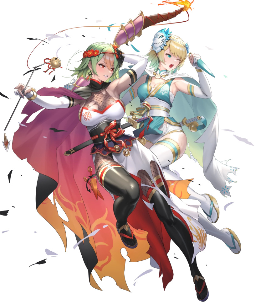 2girls armpits bell blonde_hair blue_eyes bow_(weapon) breasts broken_arrow capelet cuboon dark-skinned_female dark_skin elbow_gloves fire_emblem fire_emblem_heroes fishnets fjorm_(fire_emblem) fjorm_(ninja)_(fire_emblem) full_body gloves gradient_clothes gradient_hair grey_hair highres holding holding_weapon japanese_clothes jingle_bell kodachi kunai laegjarn_(fire_emblem) laegjarn_(ninja)_(fire_emblem) looking_away mask mask_on_head multicolored_hair multiple_girls ninja non-web_source obi official_alternate_costume official_art open_mouth orange_hair parted_lips red_eyes reverse_grip sandals sarashi sash sheath sheathed shiny_clothes short_hair short_sword sleeveless sword tabi teeth thighhighs torn_clothes transparent_background two-tone_hair upper_teeth_only weapon