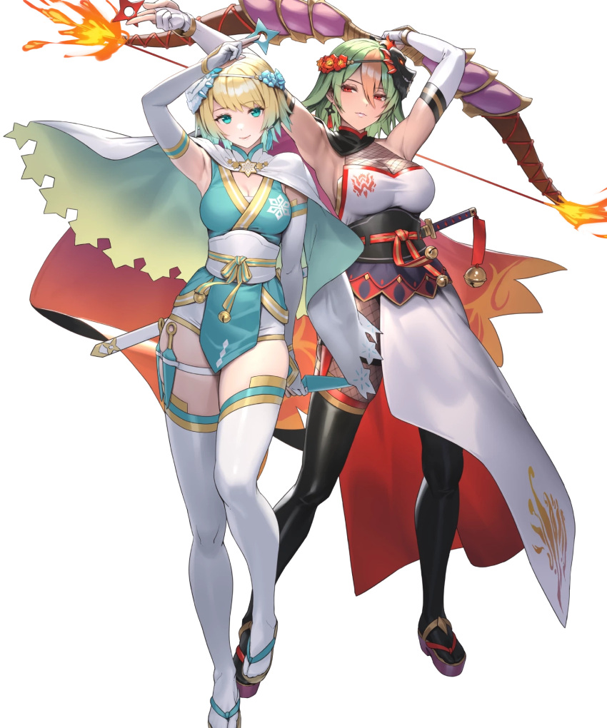 2girls armpits arms_up bell blonde_hair blue_eyes bow_(weapon) breasts cape capelet cleavage closed_mouth cuboon dark-skinned_female dark_skin elbow_gloves fire fire_emblem fire_emblem_heroes fishnets fjorm_(fire_emblem) fjorm_(ninja)_(fire_emblem) full_body gloves gradient_clothes gradient_hair grey_hair head_tilt highres holding holding_weapon japanese_clothes jingle_bell kodachi kunai laegjarn_(fire_emblem) laegjarn_(ninja)_(fire_emblem) lips looking_at_viewer mask mask_on_head medium_breasts multicolored_hair multiple_girls ninja non-web_source obi official_alternate_costume official_art orange_hair red_eyes sandals sash sheath sheathed shiny_clothes short_hair short_sword shuriken sideboob sleeveless smile sword tabi thighhighs transparent_background two-tone_hair weapon