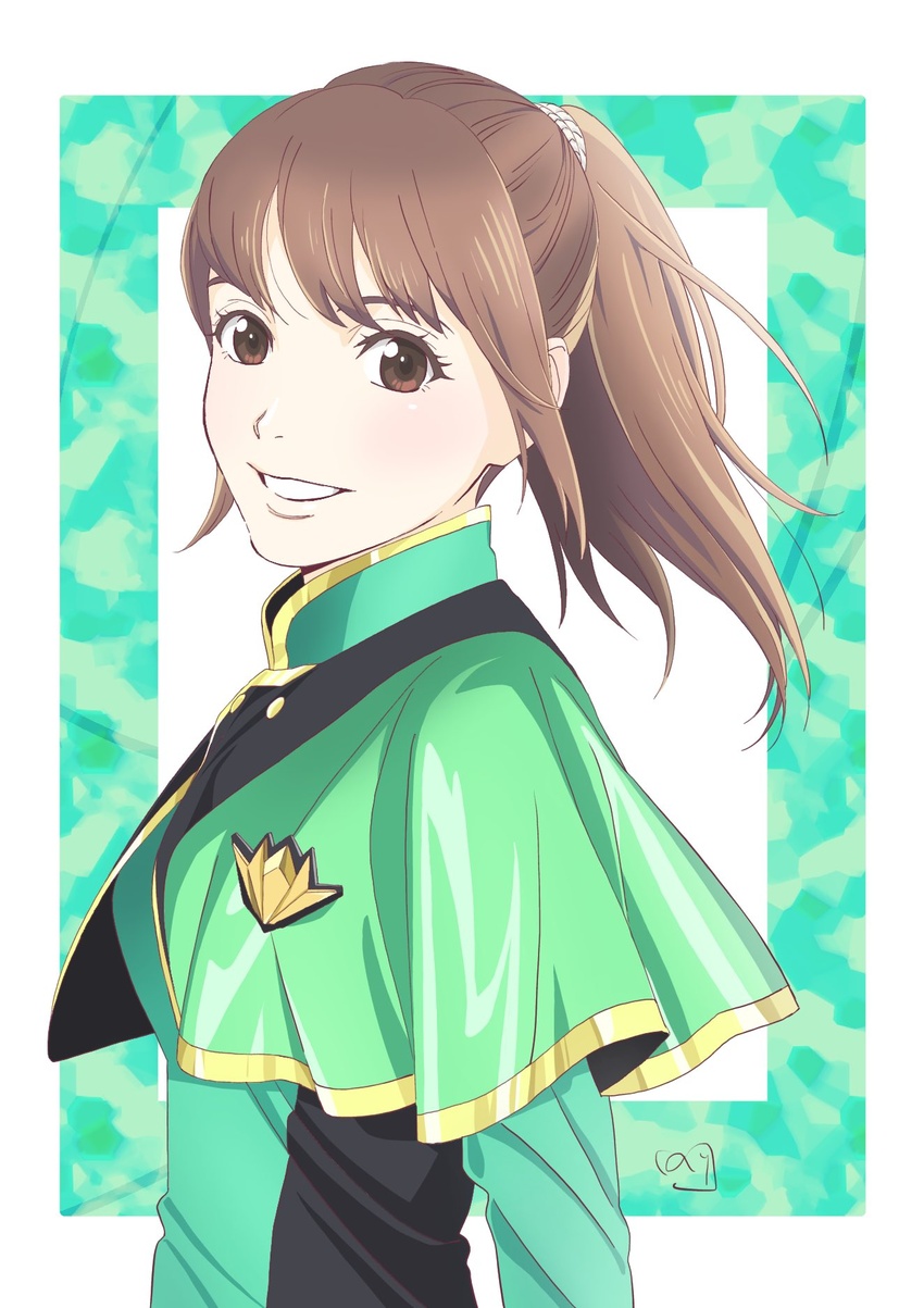 animification border brown_eyes brown_hair capelet eyebrows_hidden_by_hair female floating_hair green_border green_capelet green_jacket hayami_sena highres jacket looking_at_viewer mashin_sentai_kiramager nori_(norimakigumo) outside_border ponytail smile solo super_sentai tokusatsu white_background