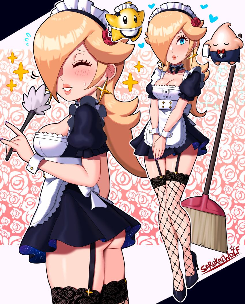 absurdres alternate_costume apron ass black_dress black_footwear black_garter_straps blonde_hair blue_eyes breasts butler dress earrings enmaided female fishnet_thighhighs fishnets frilled_apron frills garter_straps hair_over_one_eye high_heels highres jewelry long_bangs long_hair luma_(mario) maid maid_apron maid_headdress mario_(series) medium_breasts microdress puffy_short_sleeves puffy_sleeves rosalina sarukaiwolf short_dress short_sleeves smile star_(symbol) star_earrings super_mario_galaxy thighhighs waist_apron white_apron