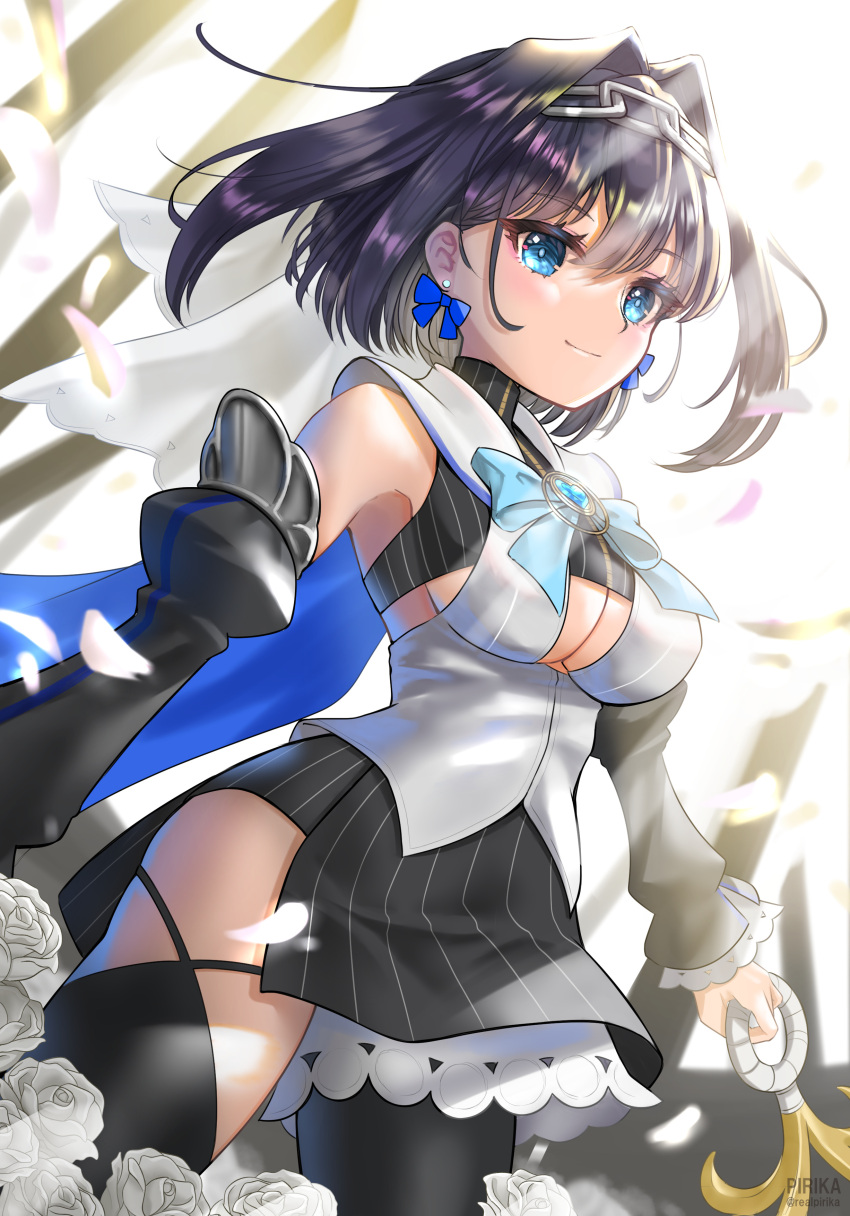 absurdres bare_shoulders black_thighhighs blue_bow blue_bowtie blue_eyes bow bowtie breasts chains cleavage crop_top detached_sleeves female flower genjitsu_pirika hair_intakes highres hololive hololive_english large_breasts looking_at_viewer ouro_kronii ouro_kronii_(1st_costume) petals rose rose_petals short_hair sideboob skirt smile solo striped_clothes striped_skirt thighhighs thighs turtleneck veil virtual_youtuber white_flower white_rose zipper