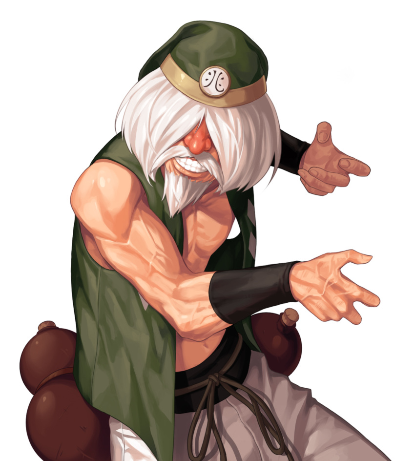 1boy bare_pectorals beard biceps chin_gentsai commentary_request evilgun facial_hair facing_viewer fighting_stance gourd green_hat green_vest grin hair_over_eyes hat highres male_focus moustache navel old old_man pants pectorals short_hair simple_background smile solo standing teeth the_king_of_fighters the_king_of_fighters_'97 veins vest white_background white_hair white_pants