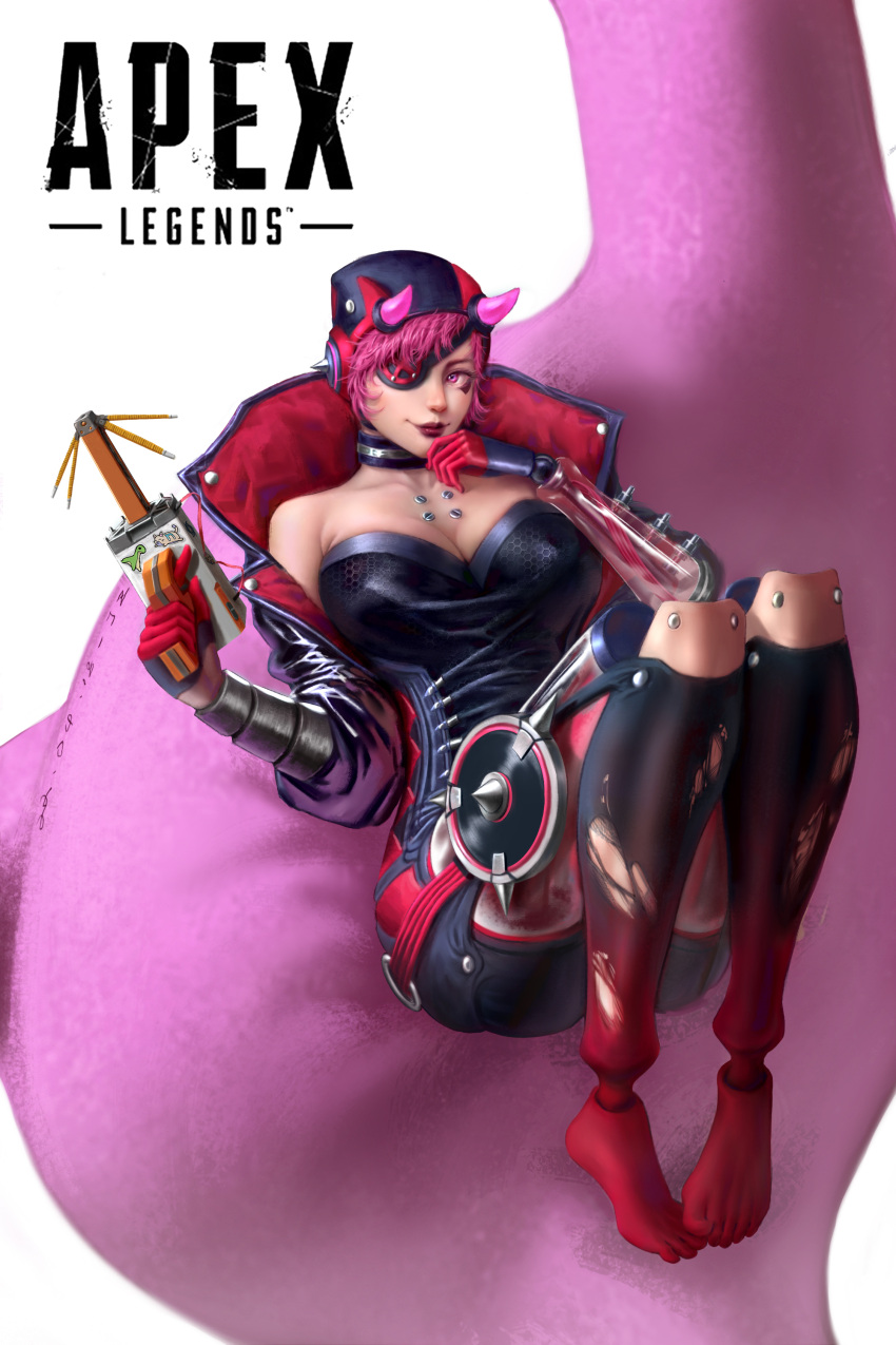 absurdres apex_legends barefoot black_bodysuit black_gloves black_headwear black_jacket bodysuit breasts choker cleavage collarbone copyright_name cyber_punked_wattson eyepatch female gloves highres holding horns jacket jingzhe_(qeoeetirpqq) large_breasts logo mechanical_arms mechanical_legs nessie_(respawn) official_alternate_costume one_eye_covered pink_hair realistic single_mechanical_arm sitting smile solo wattson_(apex_legends)