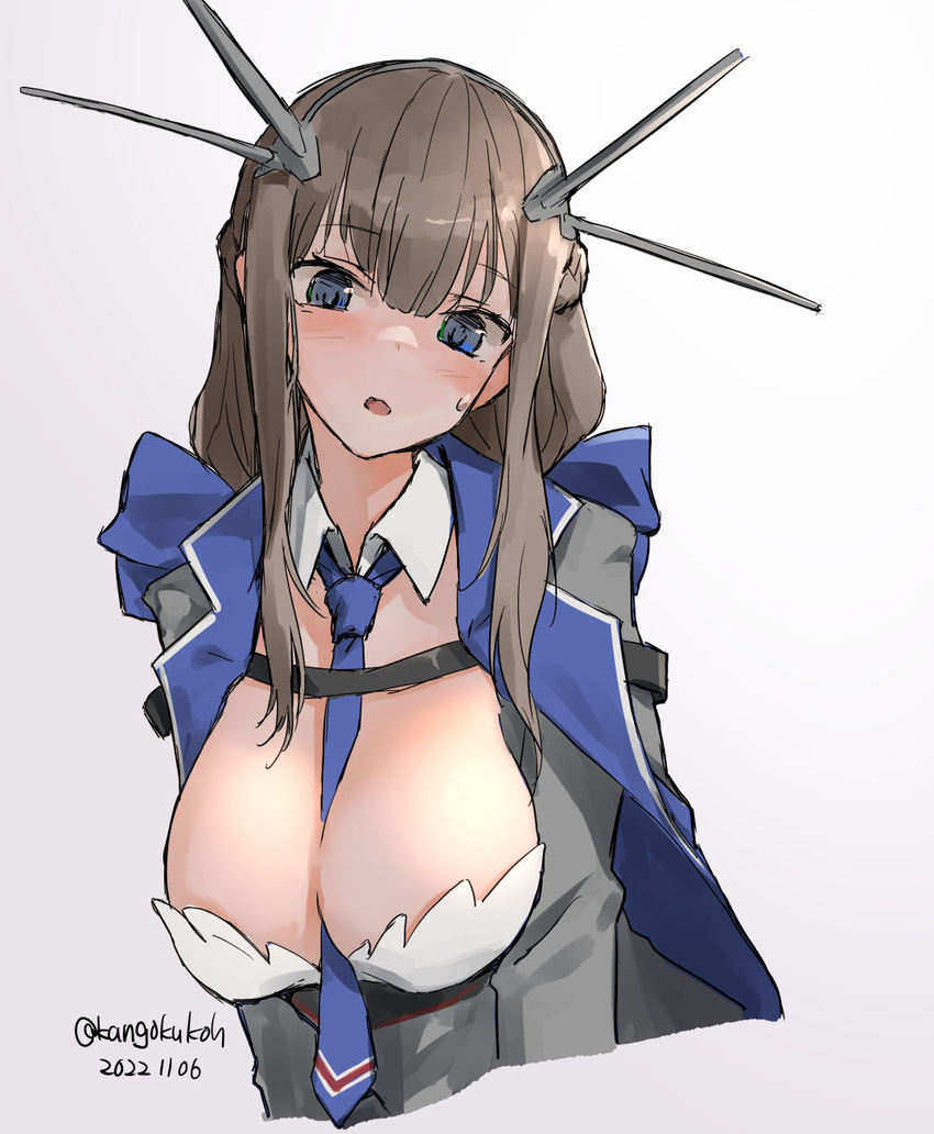 between_breasts blue_bow blue_eyes blue_necktie bow breasts capelet cleavage dress female grey_capelet grey_hair headgear highres kangoku_kou kantai_collection large_breasts long_hair looking_at_viewer low_twintails maryland_(kancolle) necktie necktie_between_breasts one-hour_drawing_challenge radio_antenna shirt simple_background solo strapless strapless_dress twintails upper_body white_background white_shirt