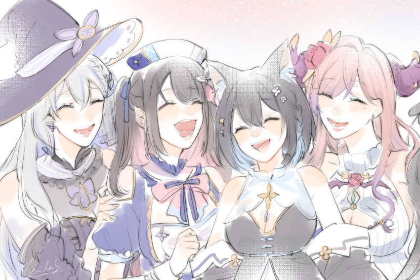 4girls :d animal_ear_fluff animal_ears badge bare_shoulders belt beret black_hair blue_hair blush bow bowtie braid breasts cat_ears cat_tail cleavage colored_inner_hair demon_girl demon_horns demon_tail dress earrings flower gradient_hair hair_flower hair_intakes hair_ornament happy hat highres hina_misora horns hoshina_suzu idol jewelry kurari_rose large_breasts long_hair medium_breasts multicolored_clothes multicolored_dress multicolored_hair multiple_girls nail_polish open_mouth pink_bow pink_hair plaid plaid_dress puffy_short_sleeves puffy_sleeves purple_dress red_flower red_rose ribbon rose shino_laila shino_laila_(artist) short_sleeves smile star_(symbol) tail turtleneck two_side_up very_long_hair virtual_youtuber wactor_production white_flower white_hair witch witch_hat wrist_cuffs