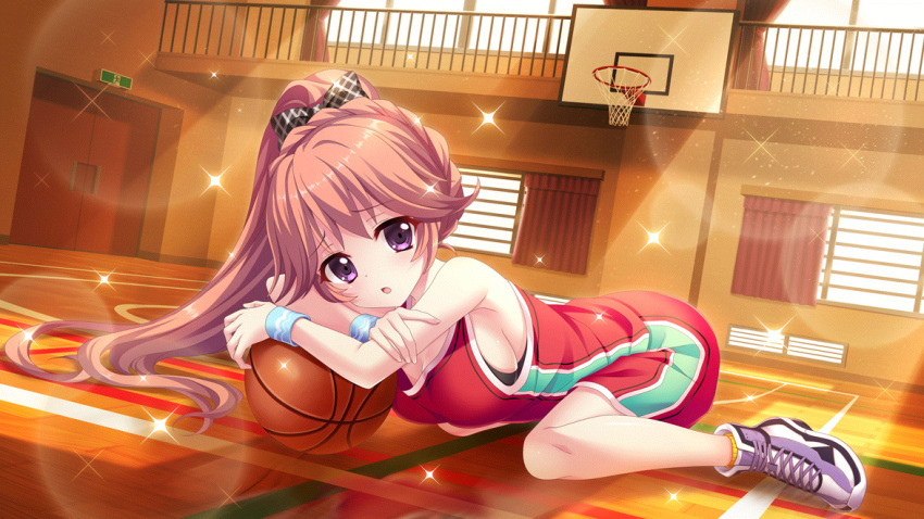 armpit_crease ball bare_shoulders basketball basketball_(object) basketball_hoop basketball_uniform black_bow blue_wristband bow breasts curtains door dot_nose dutch_angle exit_sign female film_grain game_cg gym haeno_akari hairbow head_tilt high_ponytail indoors izumi_tsubasu large_breasts lens_flare long_hair looking_at_viewer lying non-web_source official_art on_stomach open_mouth orange_hair plaid plaid_bow purple_eyes railing re:stage! red_shorts red_tank_top shoes shorts sideboob sneakers socks solo sparkle sportswear sunlight tank_top white_footwear window wooden_floor yellow_socks