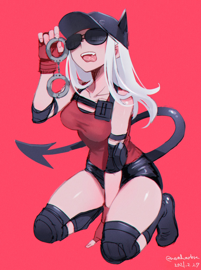 :p black_footwear black_headwear boots breasts commentary_request cuffs dated demon_girl demon_tail eyes_visible_through_eyewear female fingerless_gloves full_body gloves handcuffs helltaker highres holding holding_handcuffs justice_(helltaker) kneeling long_sleeves medium_breasts noah_(tettsui-sole) red_background red_gloves red_shirt shirt simple_background solo sunglasses tail teeth tongue tongue_out twitter_username upper_teeth_only