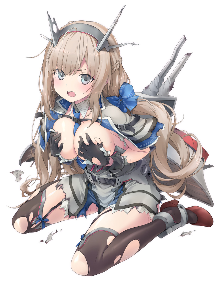 between_breasts black_gloves blonde_hair blue_bow blue_capelet blue_eyes blue_necktie blush bow breasts capelet covering_breasts covering_privates damaged dress female garter_straps gloves grey_capelet grey_dress headgear high_heels highres kantai_collection large_breasts long_hair looking_at_viewer low_twintails maryland_(kancolle) multicolored_capelet necktie necktie_between_breasts open_mouth pleated_dress radar radio_antenna rigging rudder_footwear sakana_(flame_sakana) shirt sitting smokestack solo strapless strapless_dress thighhighs torn_clothes torn_thighhighs twintails wariza white_shirt