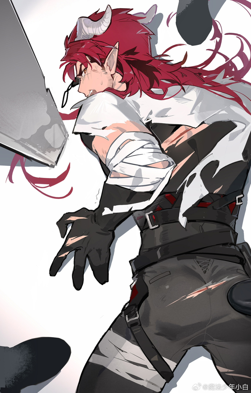 1boy arknights ass ass_peek bandaged_arm bandages bara black_shirt blood cuts demon_horns facial_hair feet_out_of_frame from_above highres hoederer_(arknights) horns injury long_hair looking_at_viewer looking_back lying magicxbai male_focus muscular muscular_male on_stomach pointy_ears pov red_hair shirt solo_focus stubble thick_eyebrows