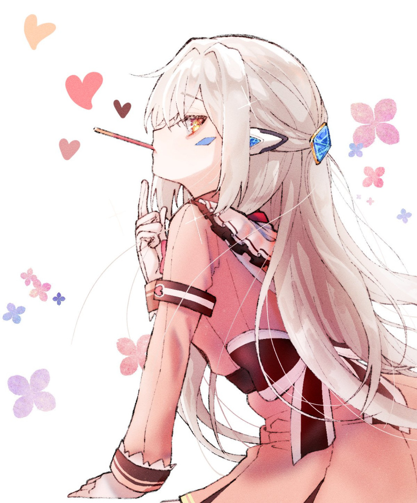 bad_id bad_twitter_id code:_sariel_(elsword) dress elsword eve_(elsword) facial_mark female floral_background food from_side hair_between_eyes hair_intakes hair_ornament half_updo heart highres korean_commentary long_hair looking_at_viewer mouth_hold nahyang_0w0 orange_eyes pink_dress pocky profile sideways_glance solo white_background white_hair