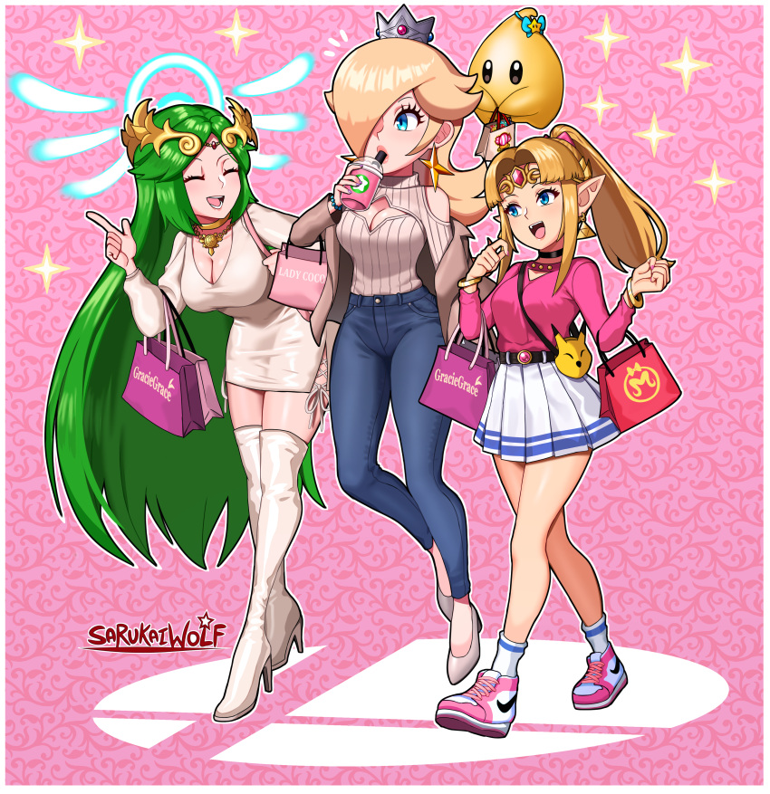 3girls absurdres alternate_costume alternate_hairstyle bag blonde_hair boots breasts casual cleavage cleavage_cutout clothing_cutout contemporary crown denim earrings floating full_body green_hair hair_over_one_eye high_heel_boots high_heels highres jacket jeans jewelry kid_icarus kid_icarus_uprising long_hair luma_(mario) mario_(series) mini_crown miniskirt multiple_girls open_mouth palutena pants pleated_skirt pointy_ears ponytail princess_zelda rosalina sarukaiwolf shoes shopping_bag shoulder_cutout skirt smile sneakers star_cutout super_smash_bros. the_legend_of_zelda the_legend_of_zelda:_a_link_between_worlds thigh_boots thighhighs tiara triforce triforce_earrings turtleneck very_long_hair walking