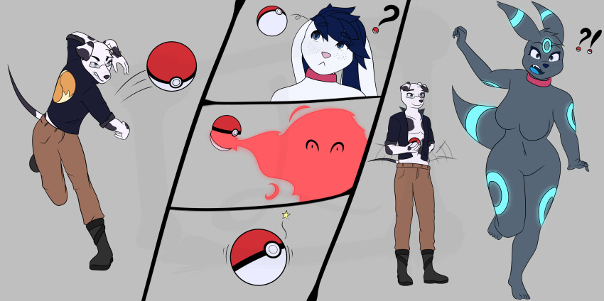 ?! absurd_res anthro before/after_focus breasts canid canine canis collar dalmatian domestic_dog duo eeveelution eyewear female gender_transformation generation_2_pokemon glasses head_hit hi_res holding_object holding_pokeball lagomorph leporid lex-i lex_(lex-i) looping_line male mammal motion_lines motion_path mtf_transformation nintendo nude object_motion_path path_lines pokeball pokemon pokemon_(species) question_mark rabbit sammy_(willowdawisp) sequence smile species_transformation standard_pokeball star star_polygon star_reaction surprise throwing throwing_object throwing_pokeball transformation transformation_by_fictional_prop transformation_by_item transformation_by_pokeball transformation_mechanism transformation_sequence umbreon unusual_font