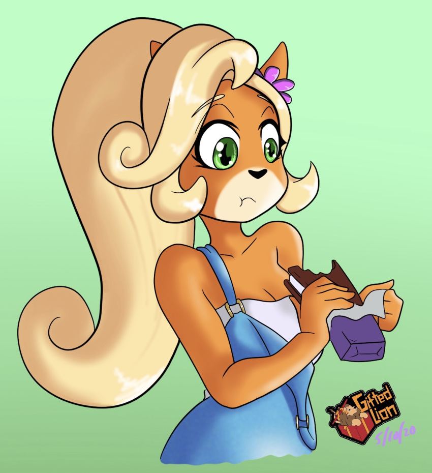 activision anthro bandicoot breasts cleavage clothed clothing coco_bandicoot crash_(series) dessert female food gifted_lion hair hi_res ice_cream ice_cream_sandwich krystal_can't_enjoy_her_sandwich mammal marsupial meme overalls solo