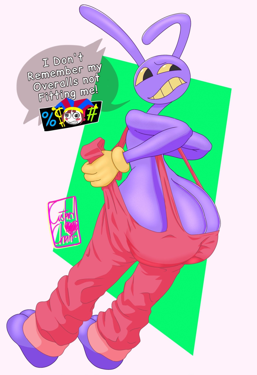 anthro ass big_butt butt_focus censored_text comical crazybluedog.exe_(artist) dialogue duo english_text glitch_productions grawlixes hi_res humanoid jax_(tadc) lagomorph leporid male mammal pomni_(tadc) purple_body rabbit solo_focus speech_bubble suspenders suspension text the_amazing_digital_circus wide_hips